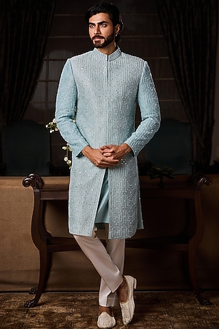 Jade Blue Raw Silk Resham Embroidered Sherwani Set by NITIKA GUJRAL MEN