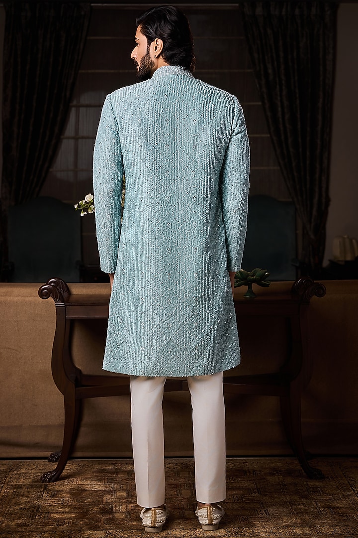 Jade Blue Raw Silk Resham Embroidered Groom Sherwani Set by NITIKA GUJRAL MEN at Pernia's Pop Up Shop