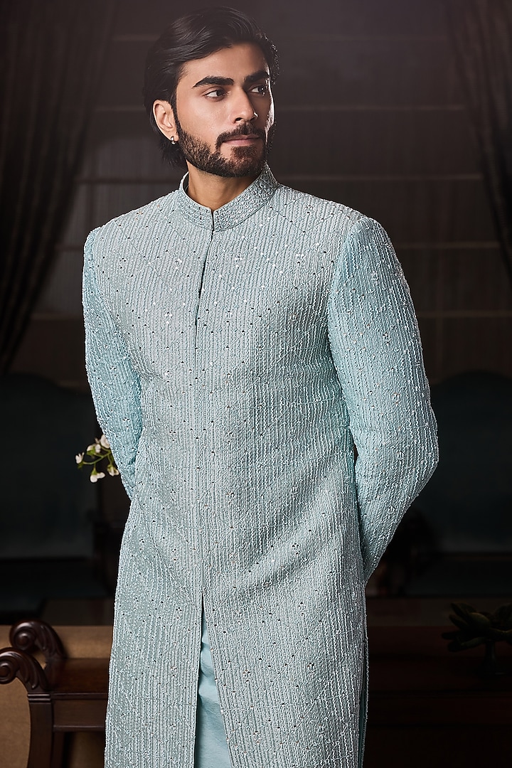 Jade Blue Raw Silk Resham Embroidered Groom Sherwani Set by NITIKA GUJRAL MEN at Pernia's Pop Up Shop