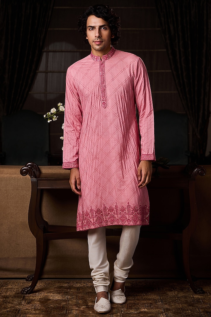 Old Rose Pink Cotton Silk Resham Embroidered Kurta Set by NITIKA GUJRAL MEN at Pernia's Pop Up Shop