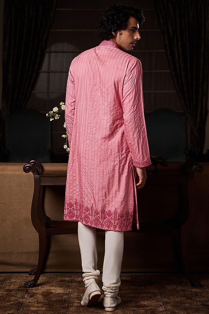 Old Rose Pink Cotton Silk Resham Embroidered Kurta Set by NITIKA GUJRAL MEN at Pernia's Pop Up Shop