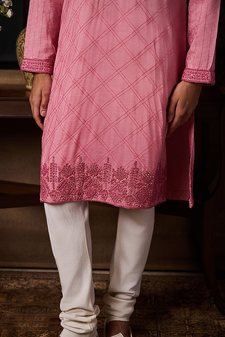 Old Rose Pink Cotton Silk Resham Embroidered Kurta Set by NITIKA GUJRAL MEN at Pernia's Pop Up Shop