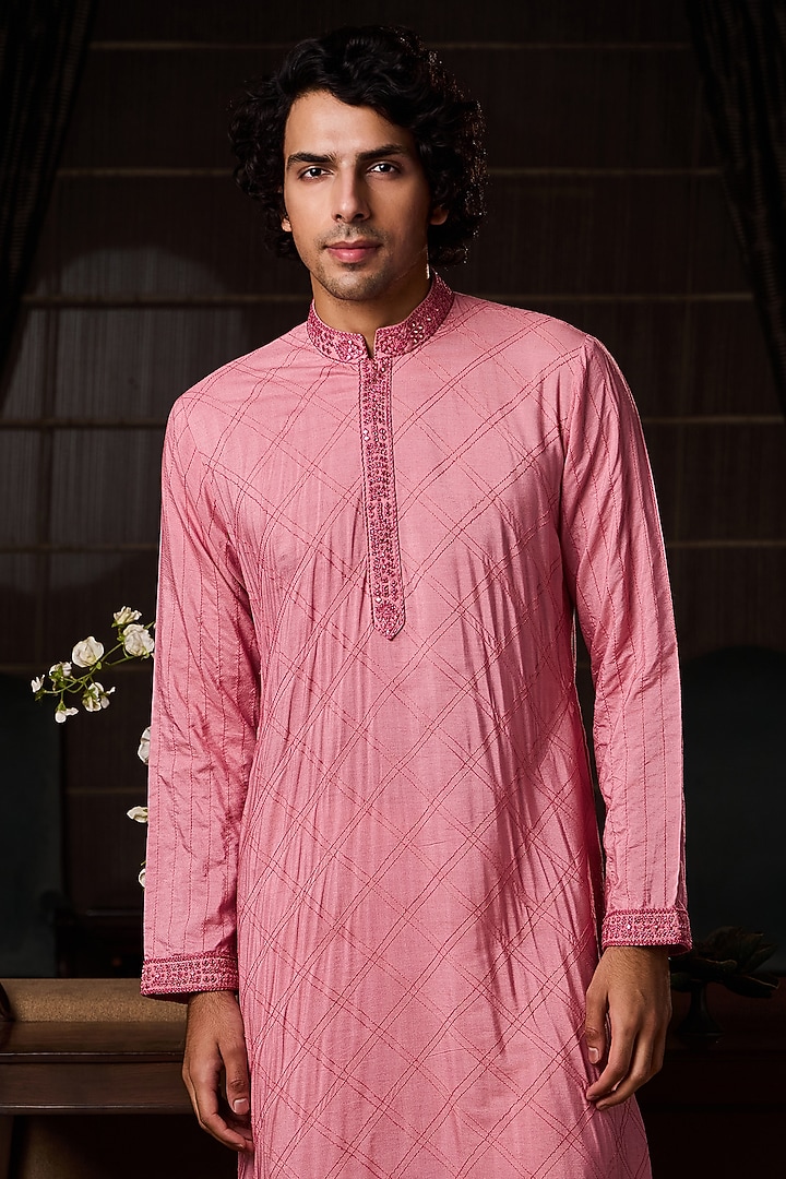 Old Rose Pink Cotton Silk Resham Embroidered Kurta Set by NITIKA GUJRAL MEN at Pernia's Pop Up Shop