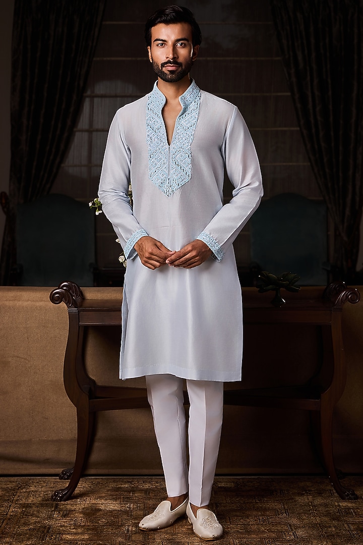 Powder Blue Chanderi Silk Bead Embroidered Kurta Set by NITIKA GUJRAL MEN at Pernia's Pop Up Shop