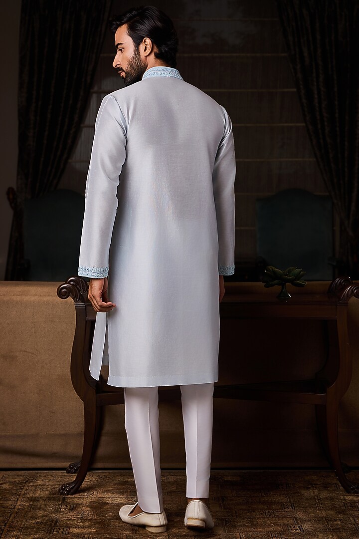 Powder Blue Chanderi Silk Bead Embroidered Kurta Set by NITIKA GUJRAL MEN at Pernia's Pop Up Shop