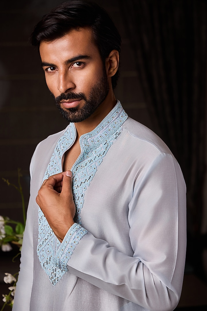 Powder Blue Chanderi Silk Bead Embroidered Kurta Set by NITIKA GUJRAL MEN at Pernia's Pop Up Shop