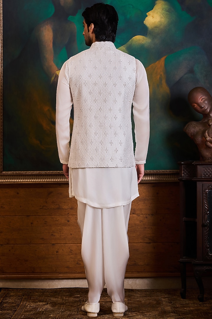 White Raw Silk Crystal Embroidered Bundi Set by NITIKA GUJRAL MEN at Pernia's Pop Up Shop
