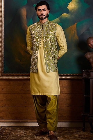 Olive Green Raw Silk Resham Embroidered Bundi Set by NITIKA GUJRAL MEN