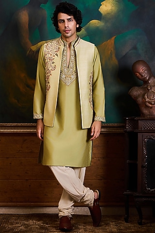 Light Mint Green Raw Silk Resham Embroidered Bundi Set by NITIKA GUJRAL MEN