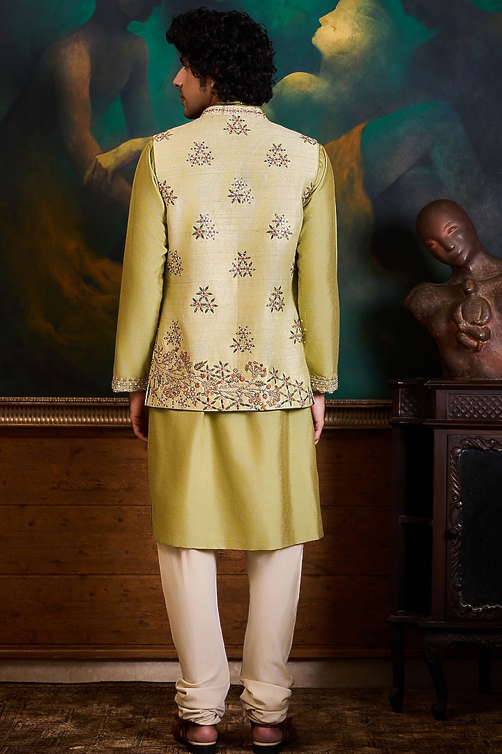 Light Mint Green Raw Silk Resham Embroidered Bundi Set by NITIKA GUJRAL MEN at Pernia's Pop Up Shop