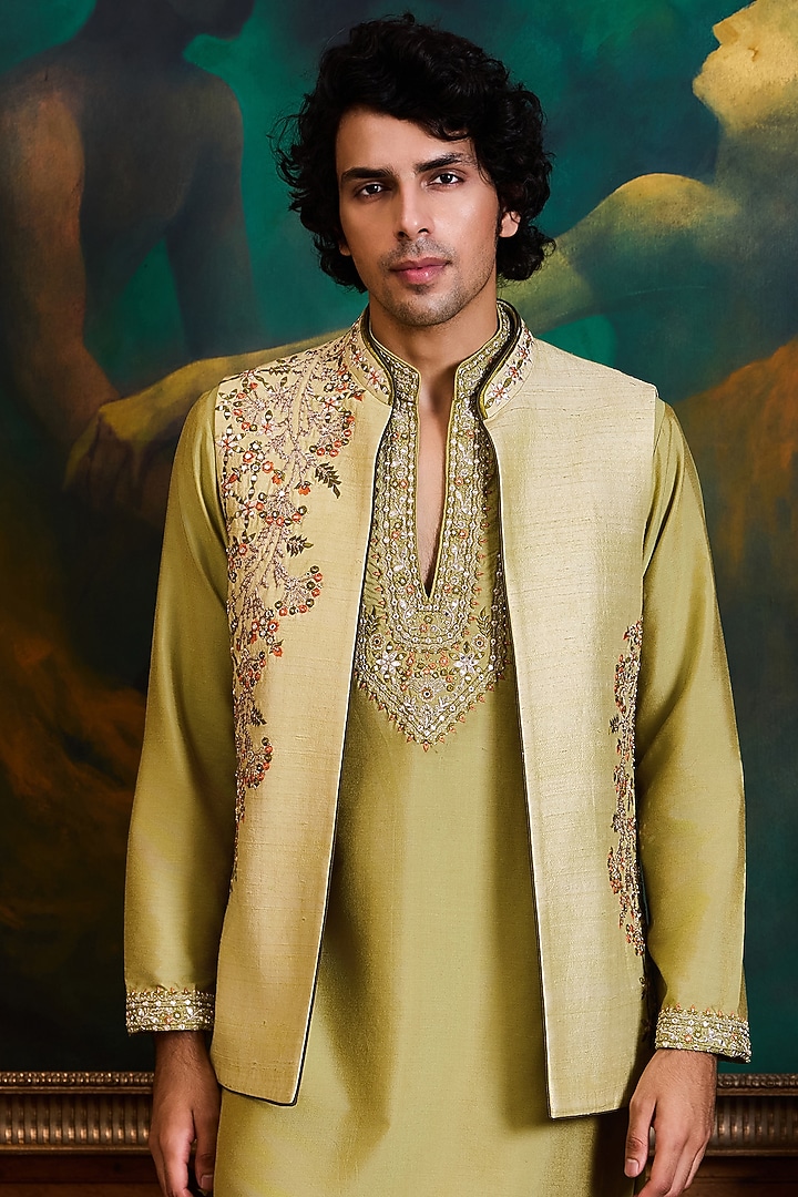 Light Mint Green Raw Silk Resham Embroidered Bundi Set by NITIKA GUJRAL MEN at Pernia's Pop Up Shop