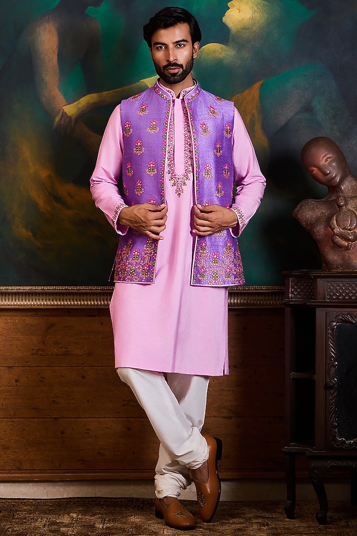 Lilac Raw Silk Resham Embroidered Bundi Set by Histori at Pernia's Pop Up Shop