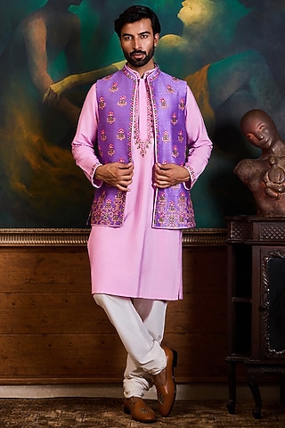 Lilac Raw Silk Resham Embroidered Bundi Set by NITIKA GUJRAL MEN