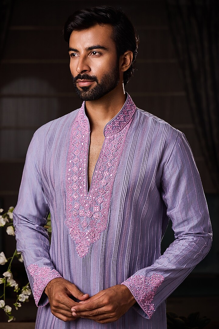 Lilac Cotton Silk Resham Embroidered Kurta Set by NITIKA GUJRAL MEN at Pernia's Pop Up Shop