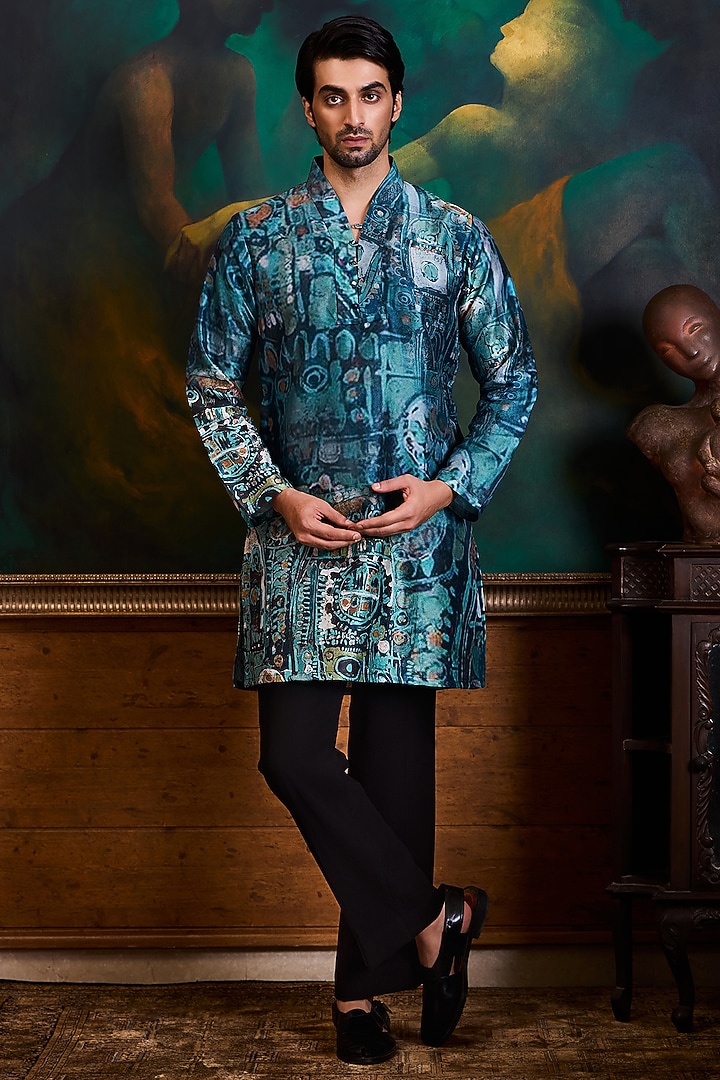 Blue Poly Dupion Silk Printed Kurta Set by Histori at Pernia's Pop Up Shop