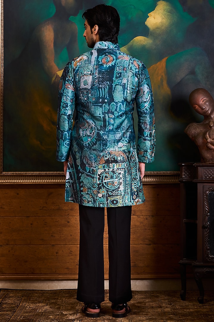 Blue Poly Dupion Silk Printed Kurta Set by NITIKA GUJRAL MEN at Pernia's Pop Up Shop