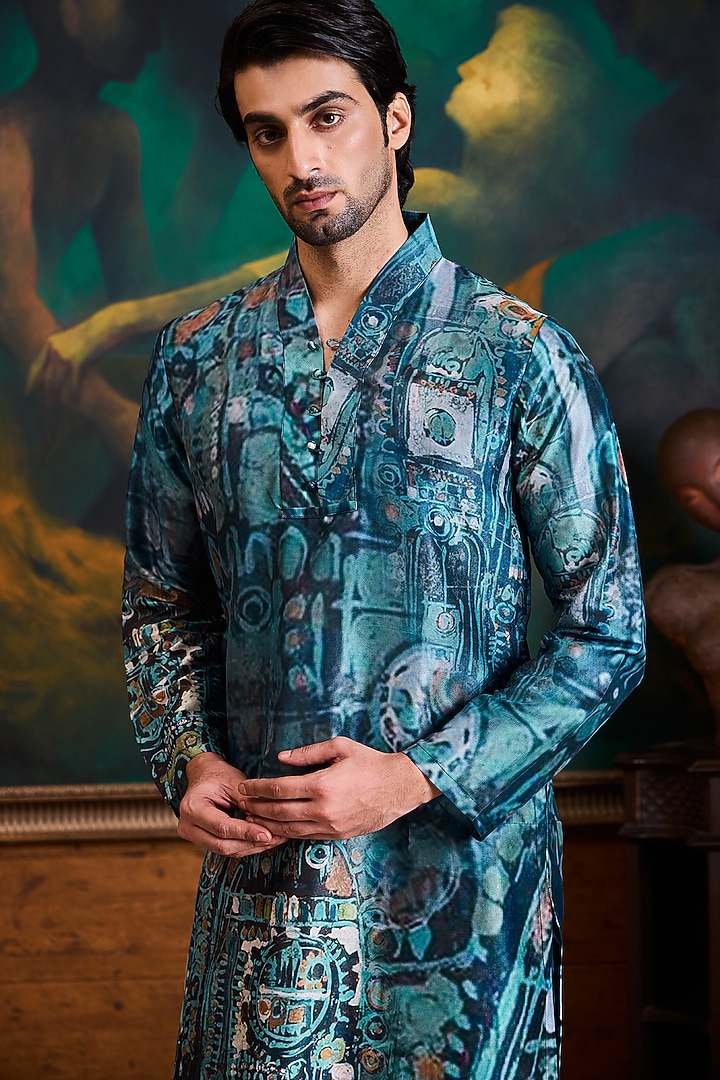 Blue Poly Dupion Silk Printed Kurta Set by NITIKA GUJRAL MEN at Pernia's Pop Up Shop