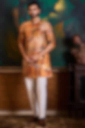 Rust Poly Dupion Silk Printed Kurta Set by Histori at Pernia's Pop Up Shop