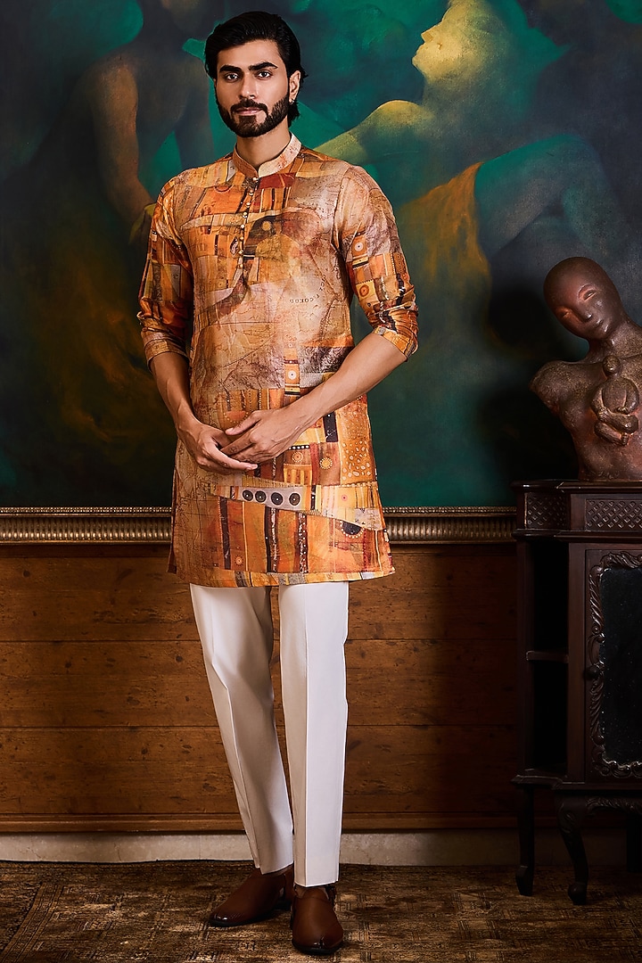 Rust Poly Dupion Silk Printed Kurta Set by Histori at Pernia's Pop Up Shop