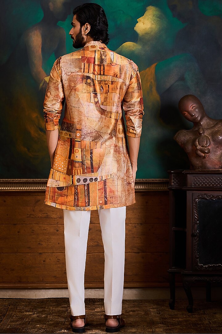 Rust Poly Dupion Silk Printed Kurta Set by NITIKA GUJRAL MEN at Pernia's Pop Up Shop