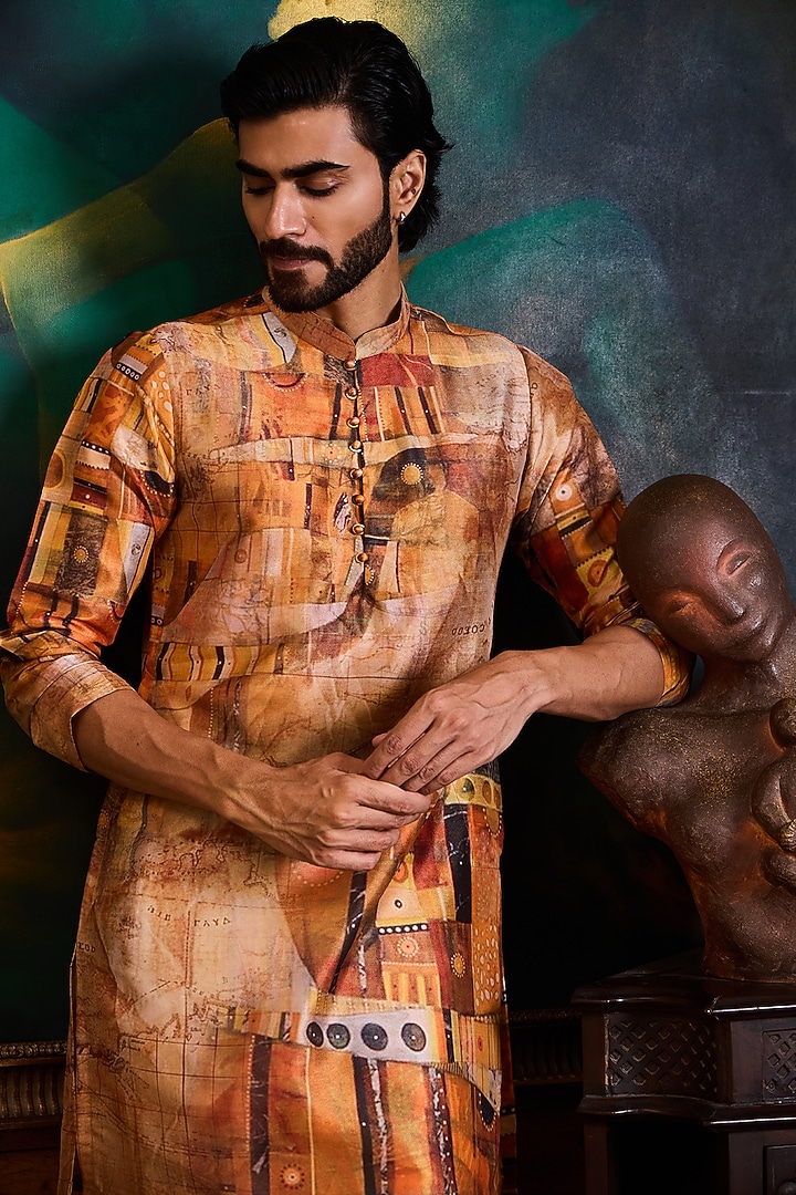 Rust Poly Dupion Silk Printed Kurta Set by NITIKA GUJRAL MEN at Pernia's Pop Up Shop