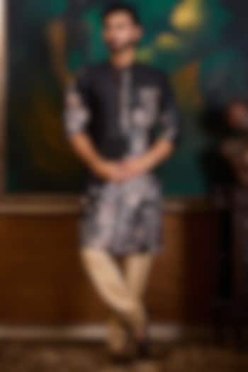 Black Poly Dupion Printed Kurta Set by Histori at Pernia's Pop Up Shop