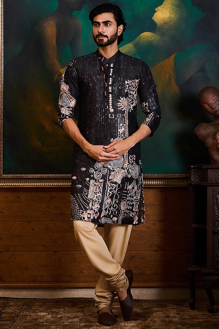 Black Poly Dupion Printed Kurta Set by Histori at Pernia's Pop Up Shop