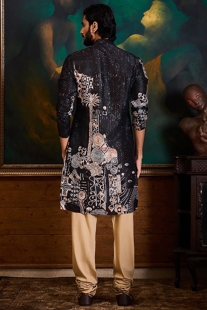 Black Poly Dupion Printed Kurta Set by NITIKA GUJRAL MEN at Pernia's Pop Up Shop
