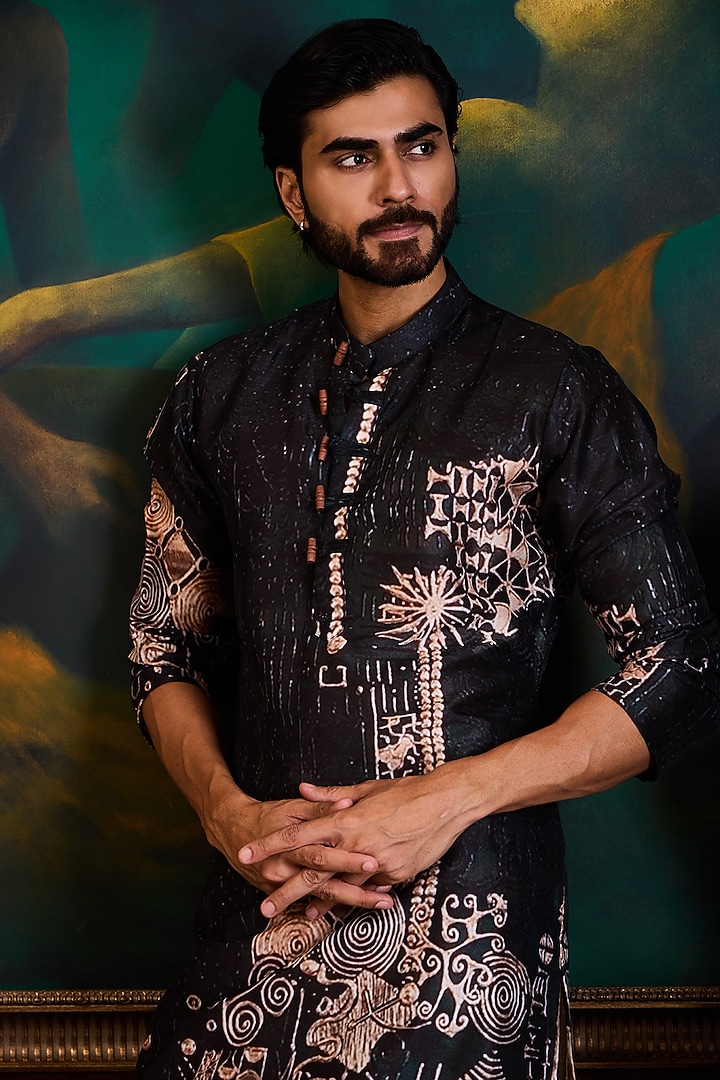 Black Poly Dupion Printed Kurta Set by NITIKA GUJRAL MEN at Pernia's Pop Up Shop
