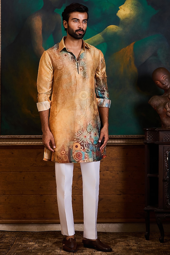 Mustard Poly Dupion Printed Kurta Set by Histori at Pernia's Pop Up Shop