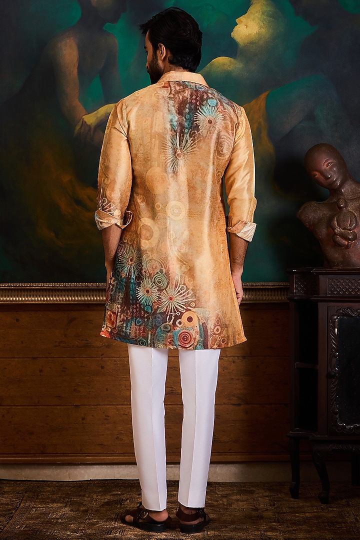 Mustard Poly Dupion Printed Kurta Set by NITIKA GUJRAL MEN at Pernia's Pop Up Shop