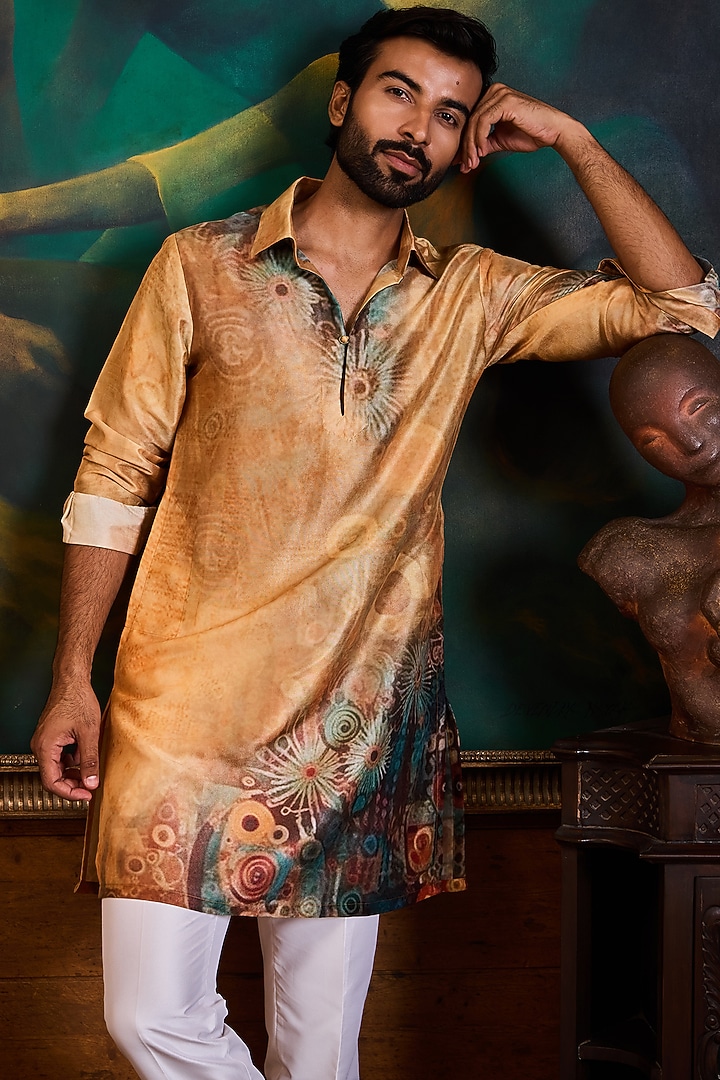 Mustard Poly Dupion Printed Kurta Set by NITIKA GUJRAL MEN at Pernia's Pop Up Shop