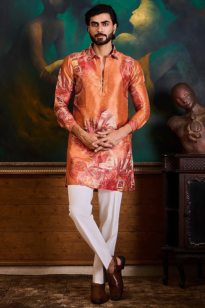 Orange Poly Dupion Silk Printed Kurta Set by Histori at Pernia's Pop Up Shop