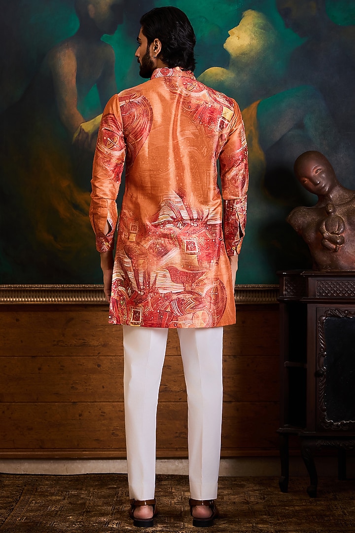 Orange Poly Dupion Silk Printed Kurta Set by NITIKA GUJRAL MEN at Pernia's Pop Up Shop