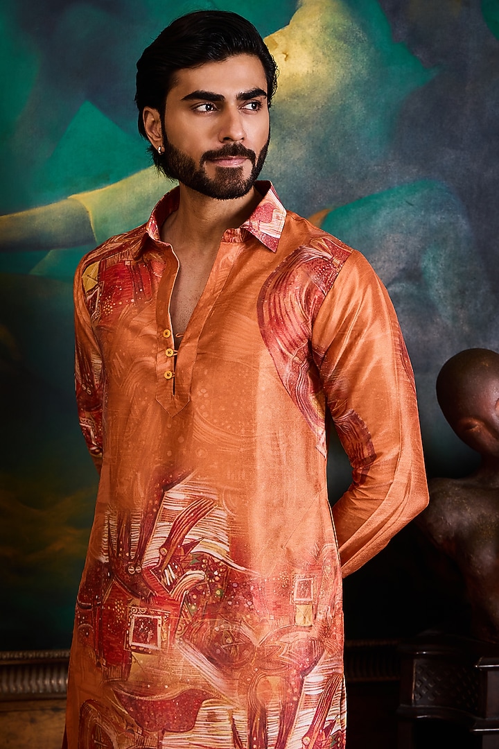 Orange Poly Dupion Silk Printed Kurta Set by NITIKA GUJRAL MEN at Pernia's Pop Up Shop