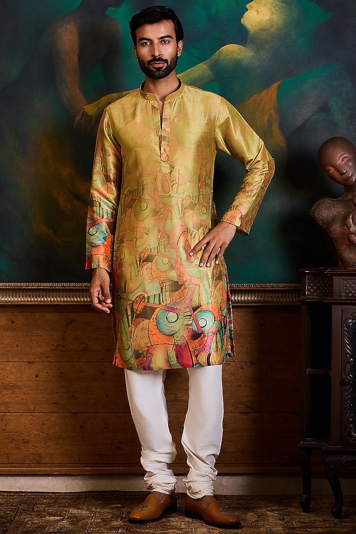 Olive Green Poly Dupion Printed Kurta Set by Histori at Pernia's Pop Up Shop