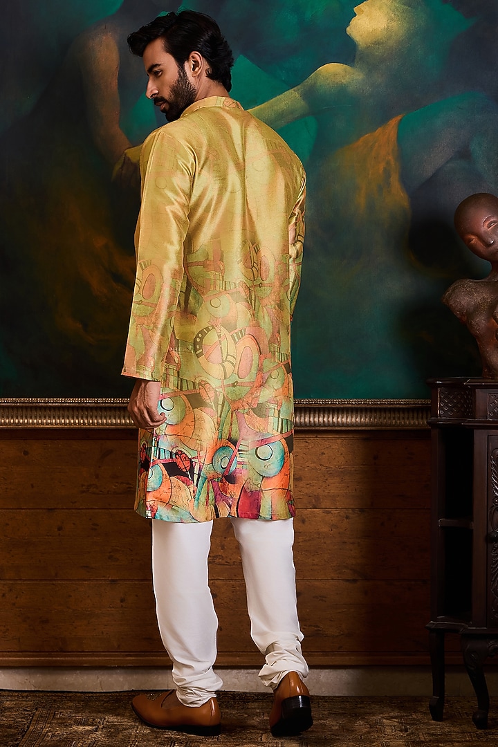 Olive Green Poly Dupion Printed Kurta Set by NITIKA GUJRAL MEN at Pernia's Pop Up Shop