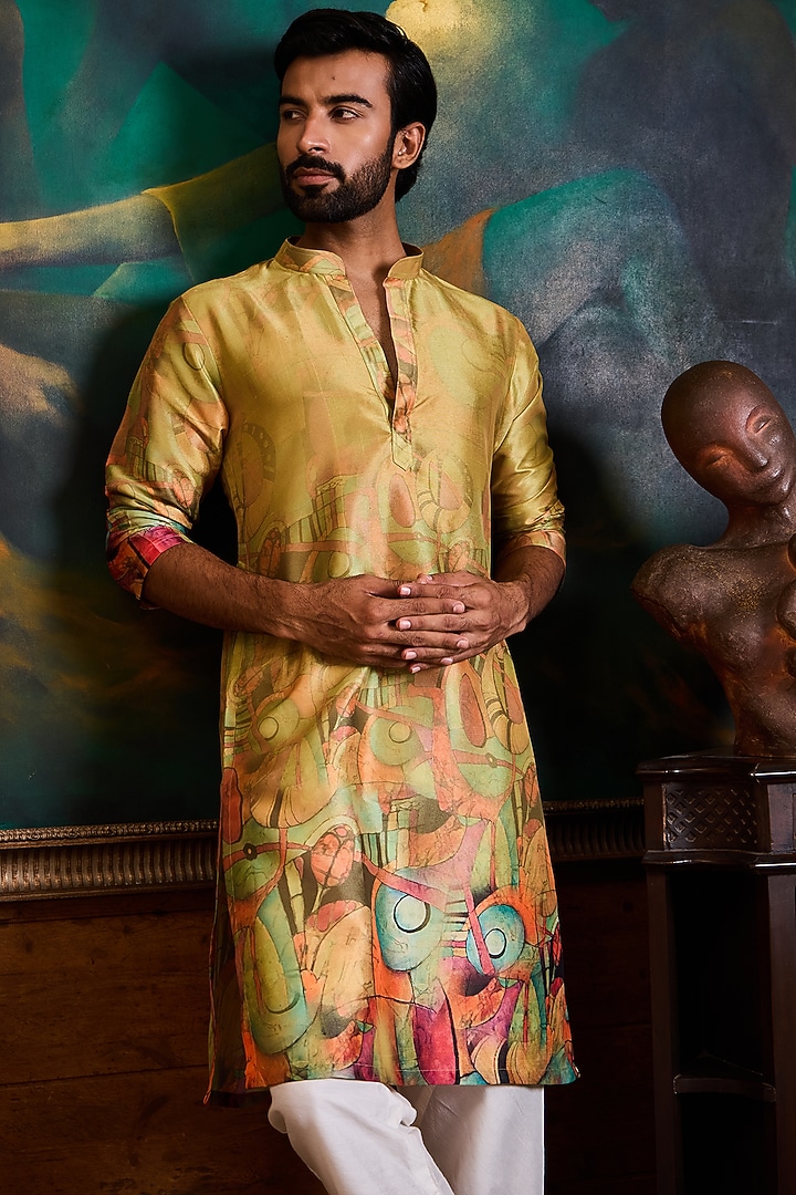 Olive Green Poly Dupion Printed Kurta Set by NITIKA GUJRAL MEN at Pernia's Pop Up Shop
