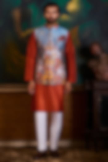 Grey Poly Dupion Printed Bundi Jacket Set by Histori at Pernia's Pop Up Shop