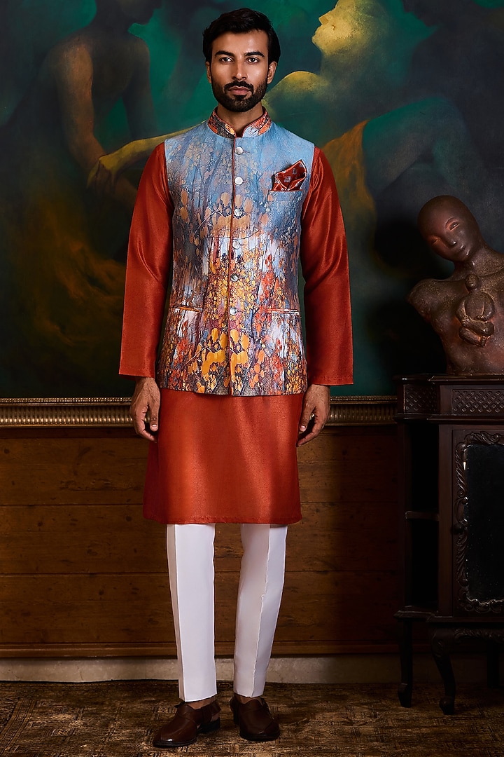 Grey Poly Dupion Printed Bundi Jacket Set by Histori at Pernia's Pop Up Shop