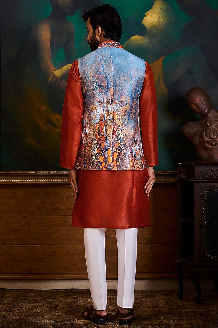 Grey Poly Dupion Printed Bundi Jacket Set by NITIKA GUJRAL MEN at Pernia's Pop Up Shop