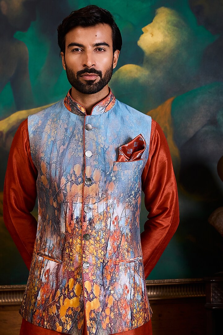 Grey Poly Dupion Printed Bundi Jacket Set by NITIKA GUJRAL MEN at Pernia's Pop Up Shop