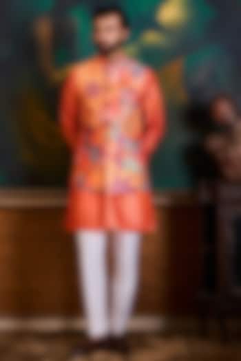 Peach & Coral Poly Dupion Printed Bundi Jacket Set by Histori at Pernia's Pop Up Shop