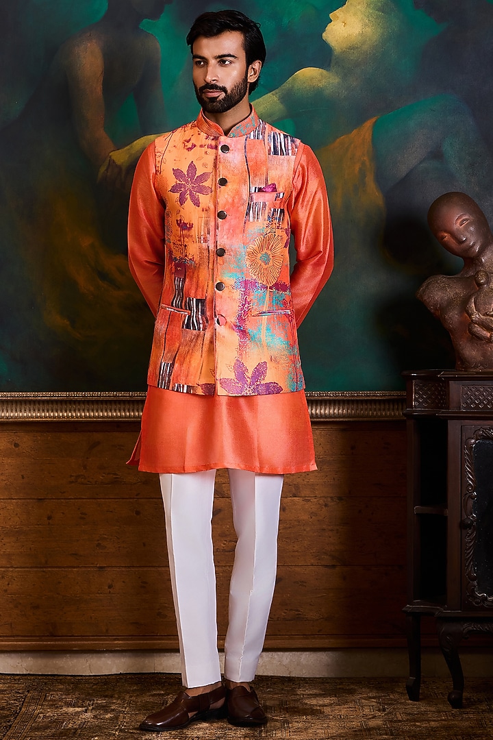 Peach & Coral Poly Dupion Printed Bundi Jacket Set by Histori at Pernia's Pop Up Shop