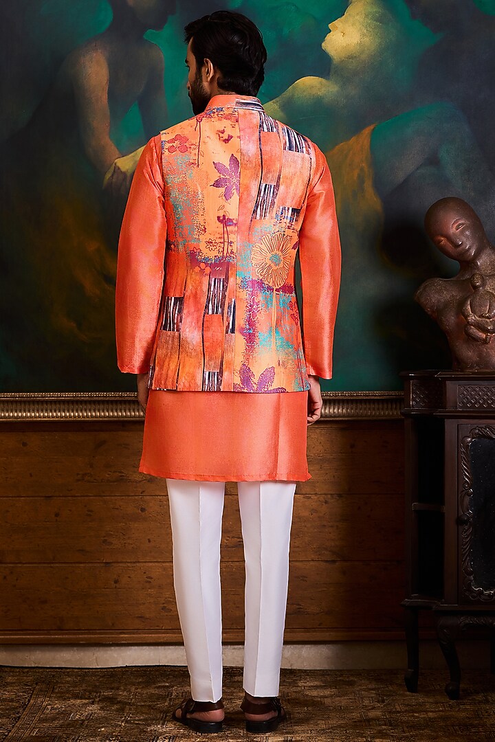 Peach & Coral Poly Dupion Printed Bundi Jacket Set by NITIKA GUJRAL MEN at Pernia's Pop Up Shop