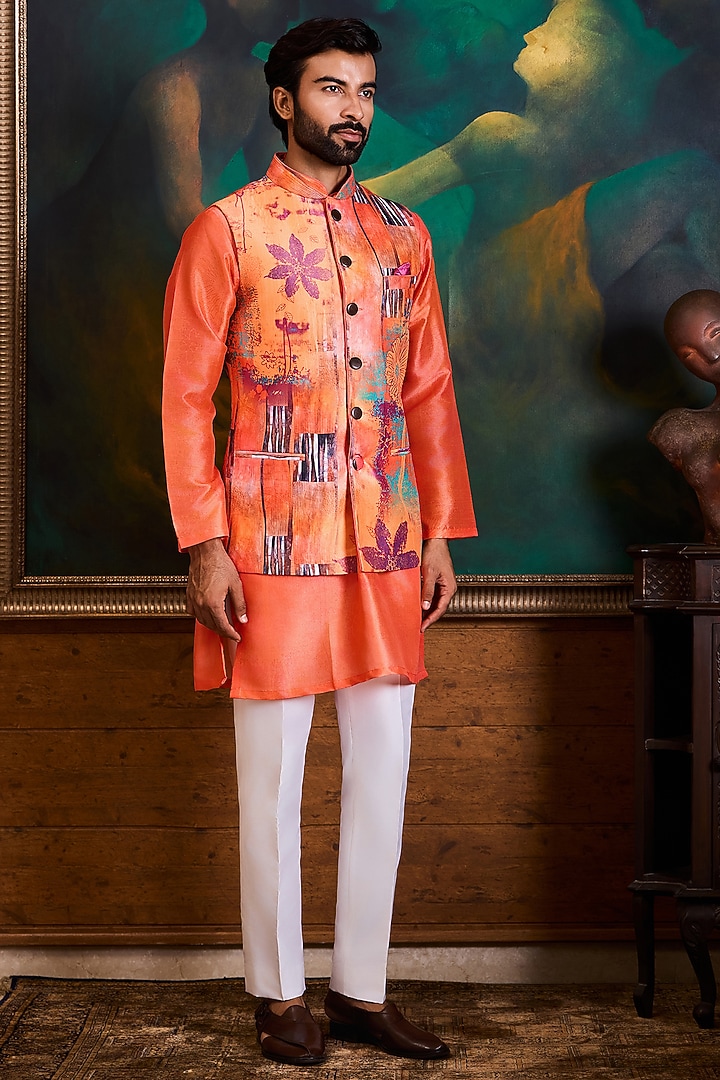 Peach & Coral Poly Dupion Printed Bundi Jacket Set by NITIKA GUJRAL MEN at Pernia's Pop Up Shop