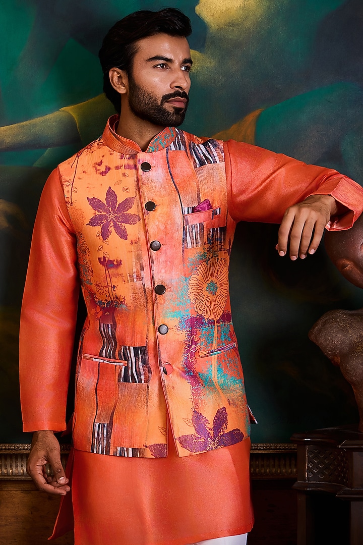 Peach & Coral Poly Dupion Printed Bundi Jacket Set by NITIKA GUJRAL MEN at Pernia's Pop Up Shop