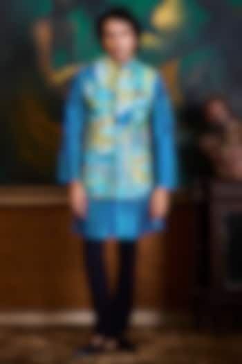 Turquoise & Blue Poly Dupion Printed Bundi Jacket Set by Histori at Pernia's Pop Up Shop