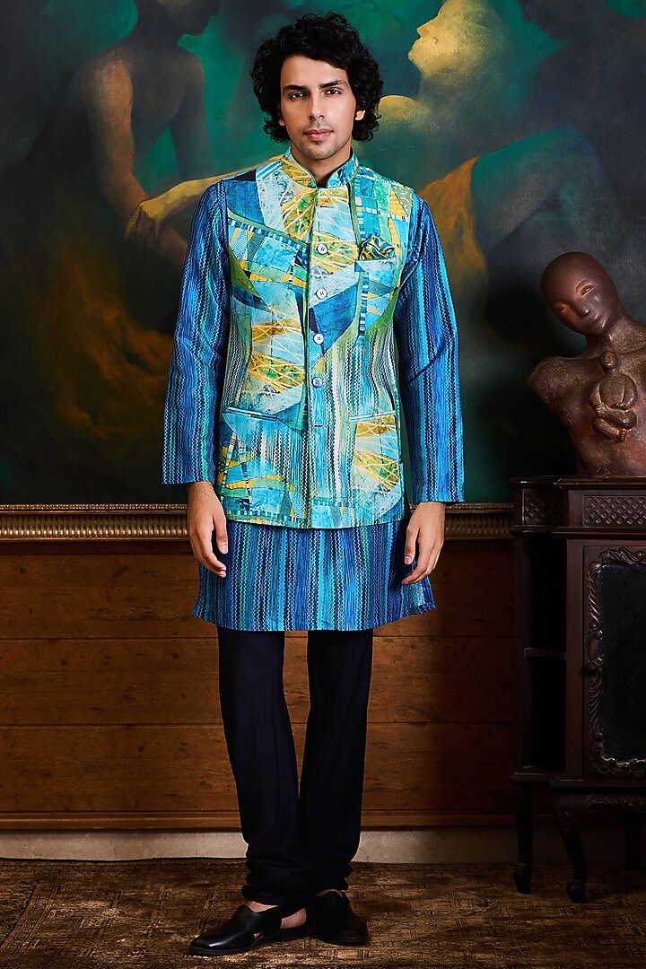 Turquoise & Blue Poly Dupion Printed Bundi Jacket Set by Histori at Pernia's Pop Up Shop