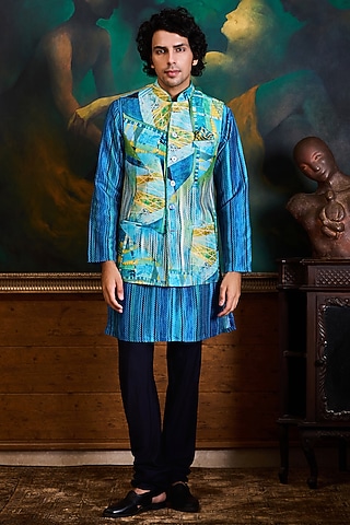Turquoise & Blue Poly Dupion Printed Bundi Jacket Set by NITIKA GUJRAL MEN